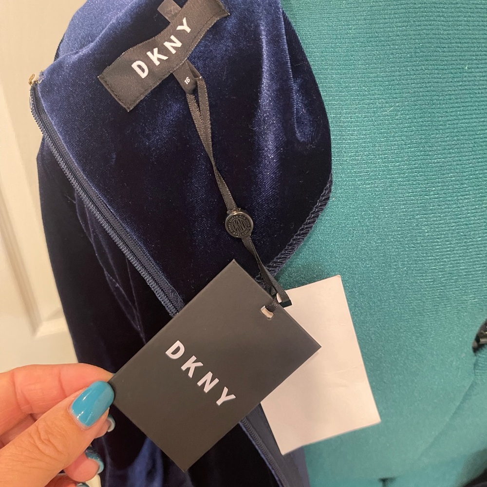 DKNY Deep Blue Velvet Long Sleeve Dress - Picture 2 of 11